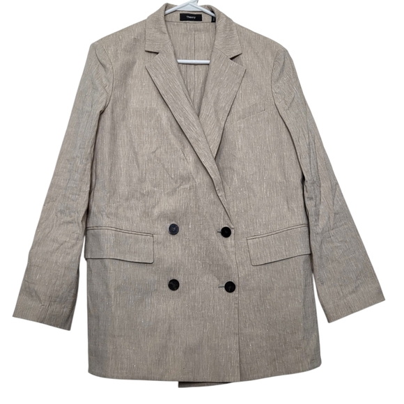 Theory Jackets & Blazers - THEORY  Piazza Tan Linen Blend Double Breasted Blazer Size 8 Summer Blazer